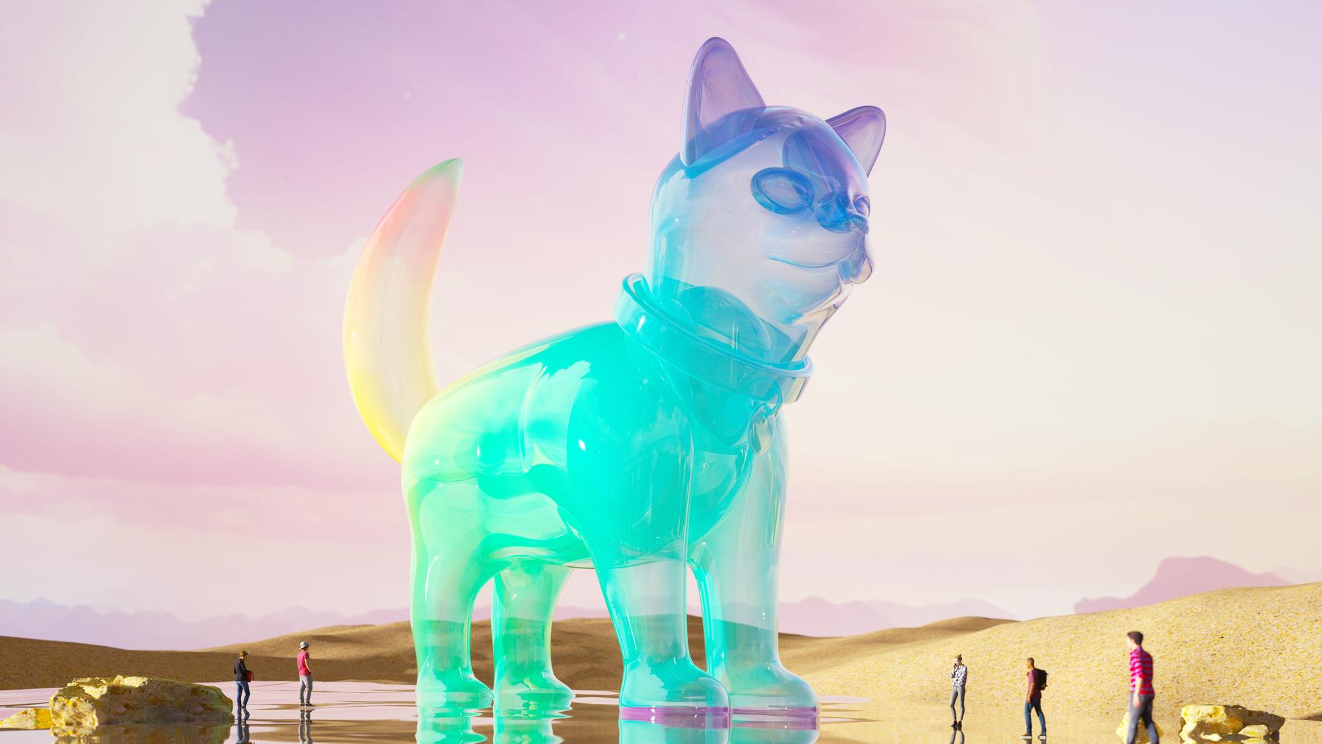 Eine digital generierte Figur eines riesigen Hundes flimmert in Pastellfarben vor einer abstrakten Landschaft. 