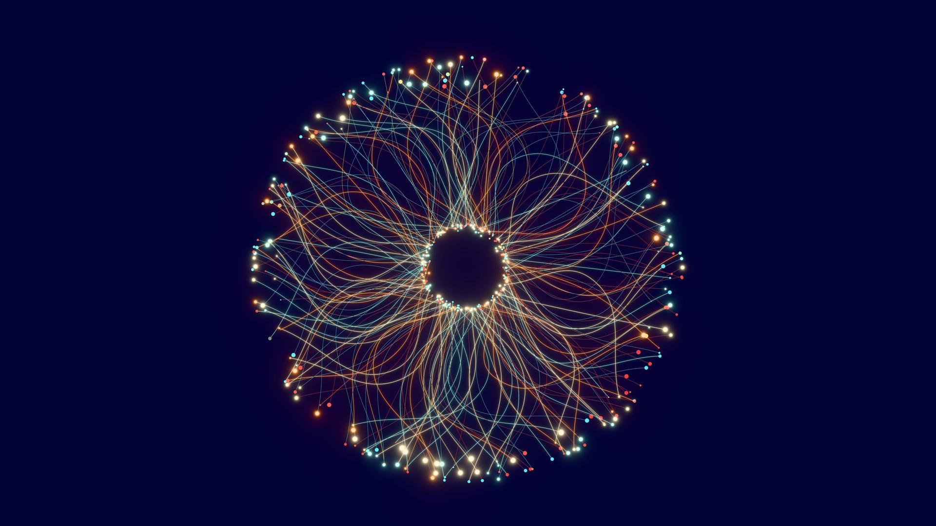 Illustration von Lichtfaden, die so angelegt sind, dass sie die Form einer menschlichen Iris ergeben.