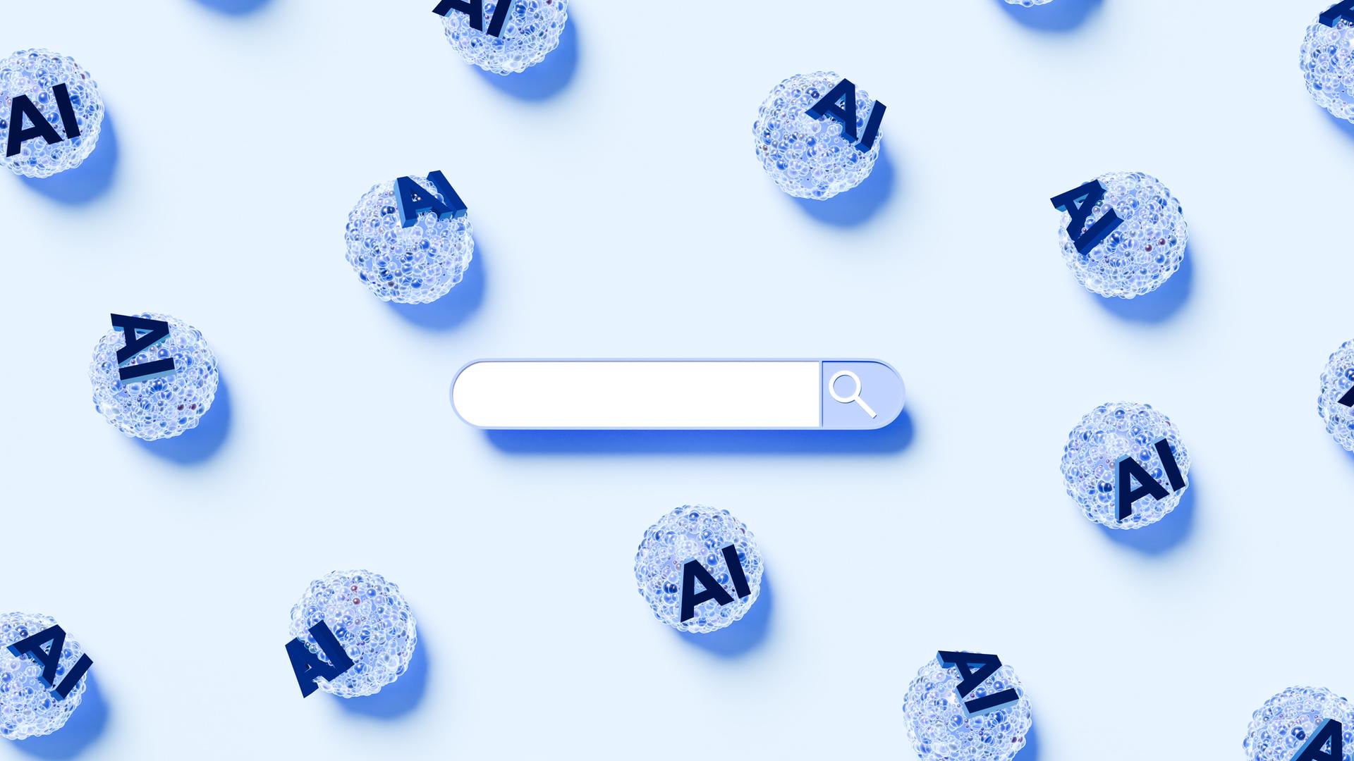 Eine Sammlung verstreuter KI-Symbole umgibt eine zentrale, schwebende Suchleiste