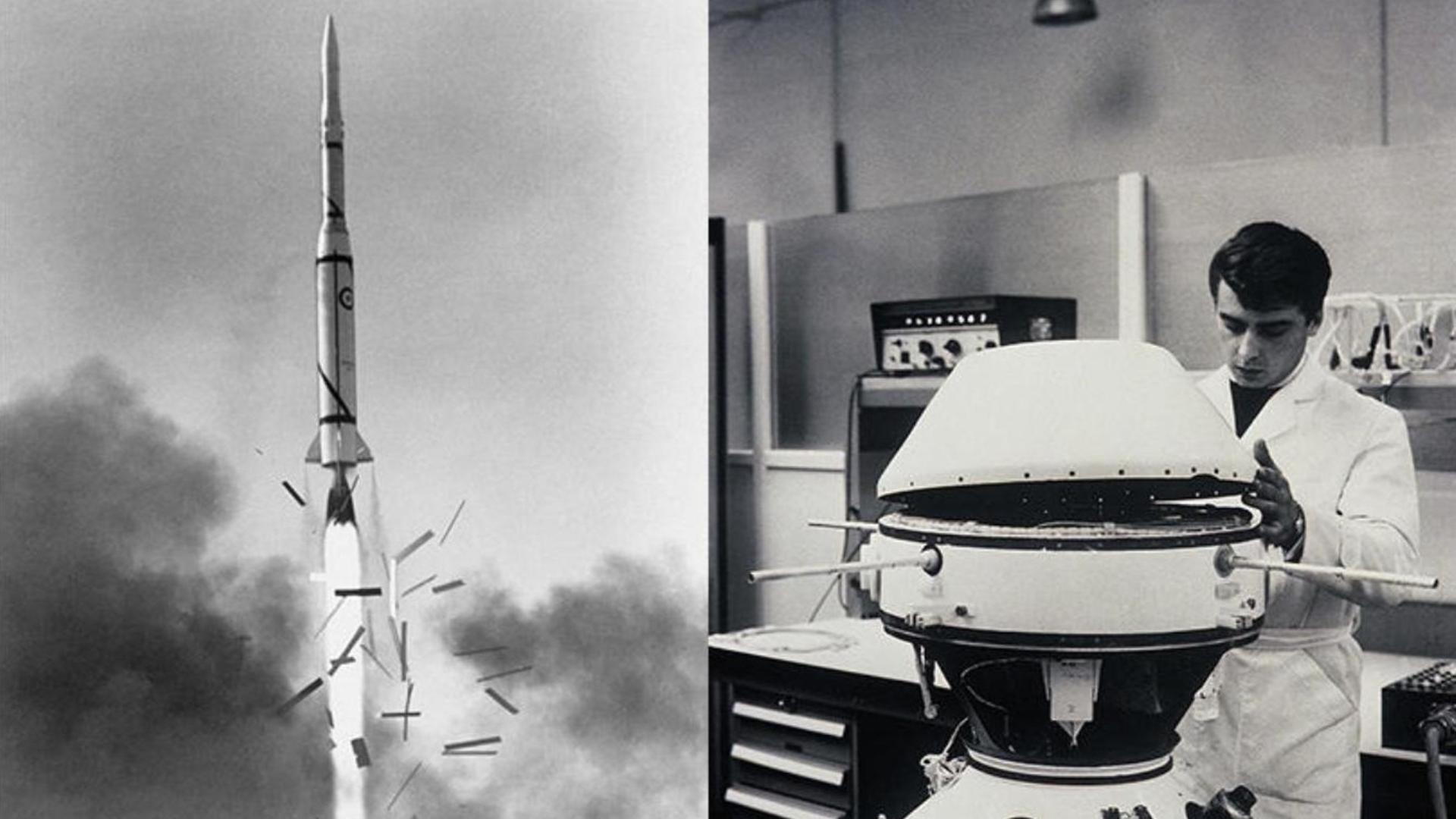 Schwarzweiß-Doppelbild: links die Trägerrakete im Flug kurz nach dem Start, rechts die Nahaufnahme des Satelliten Astérix-1-Moduls in einem technischen Labor, daneben ein Mitarbeiter in einem weißen Arbeitsanzug.