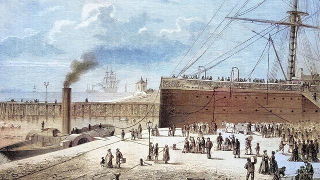 Zeichnung der Schiffe Mosel und Simson kurz vor dem Bombenanschlag auf das Auswandererschiff am 11. Dezember 1875 in Bremerhaven im Hafen