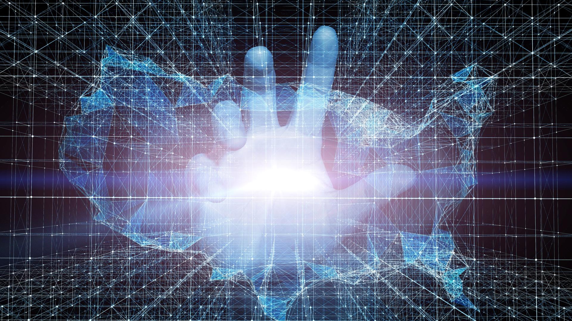 Dreidimensionales Bild einer Hand, die sich in einem futuristischem Raum dem Betrachter entgegenstreckt.