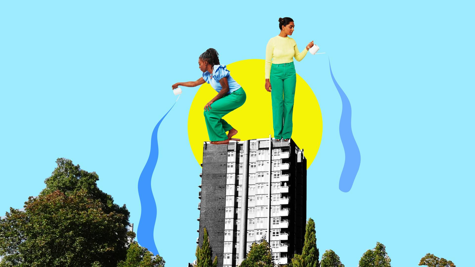 Zeichnung von zwei Frauen auf einem Hochhaus, die vom Dach aus die Bäume gießen.