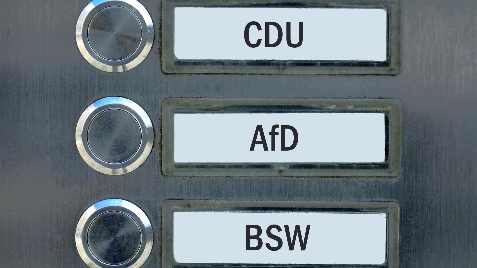 Klingelschilder mit den Parteien CDU, AfD und BSW