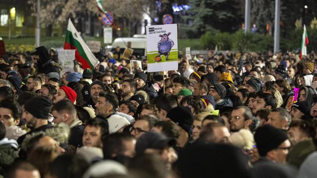 Eine Menschenmenge protestiert gegen die Regierung in Bulgariens Hauptstadt Sofia am 10.12.2025.