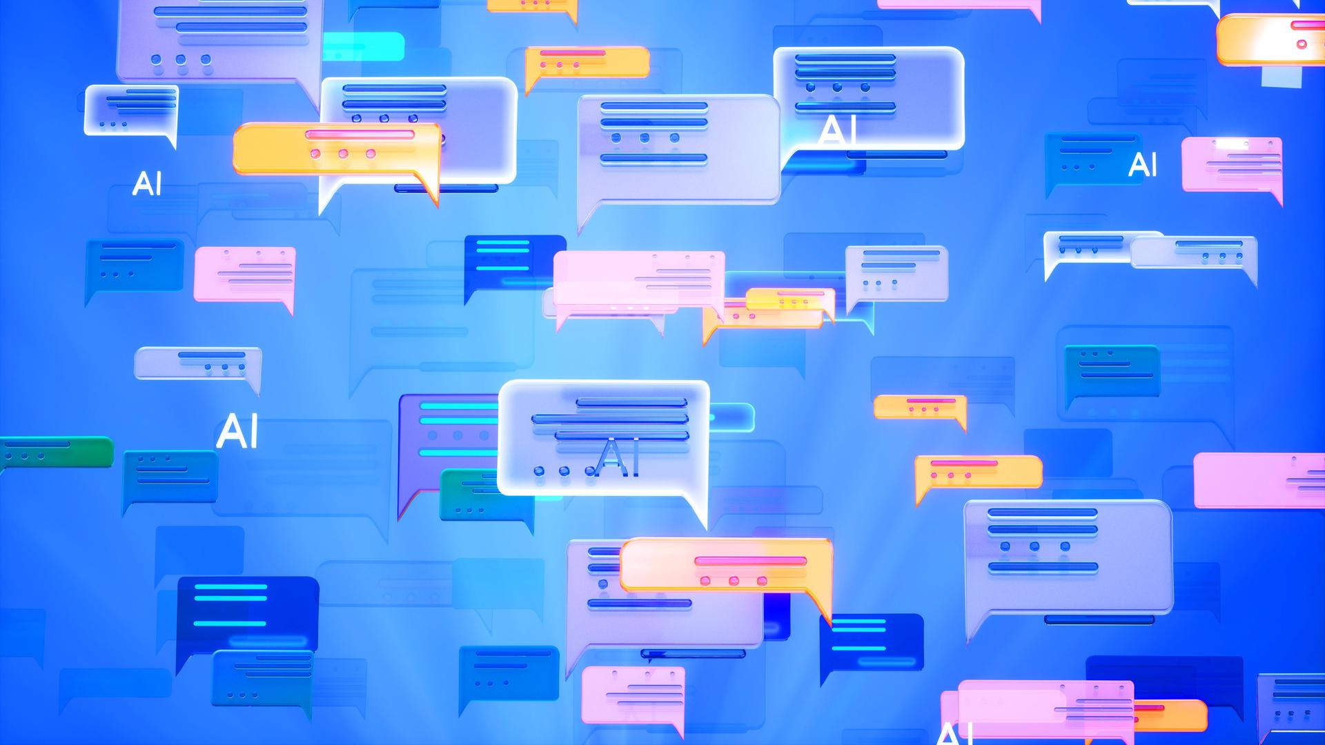 Illustration: Sprechblasen vieler Social-Media-Chat-Symbole, die vor einem blauen Hintergrund schweben.