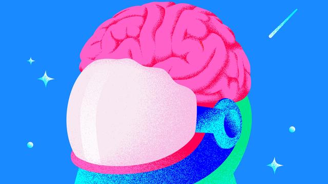 Deep Science - Die Psychonauten. Die Podcast-Illustration zeigt in bunten, unnatürlichen Farben einen gezeichneten Astronautenhelm, aus dessen Oberseite ein Gehirn herausragt