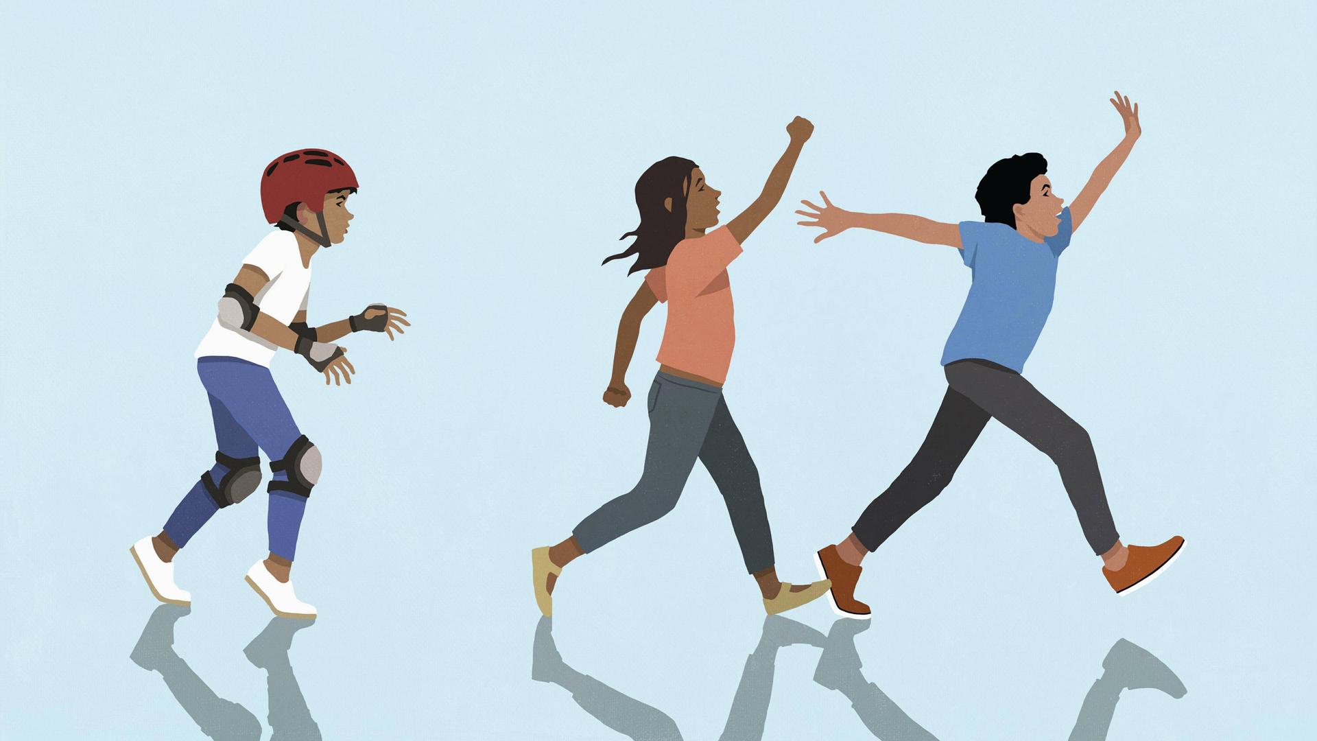 Grafik: Ein Junge mit Sicherheitshelm läuft vorsichtig seinen beiden Spiel- oder Sportkameraden hinterher