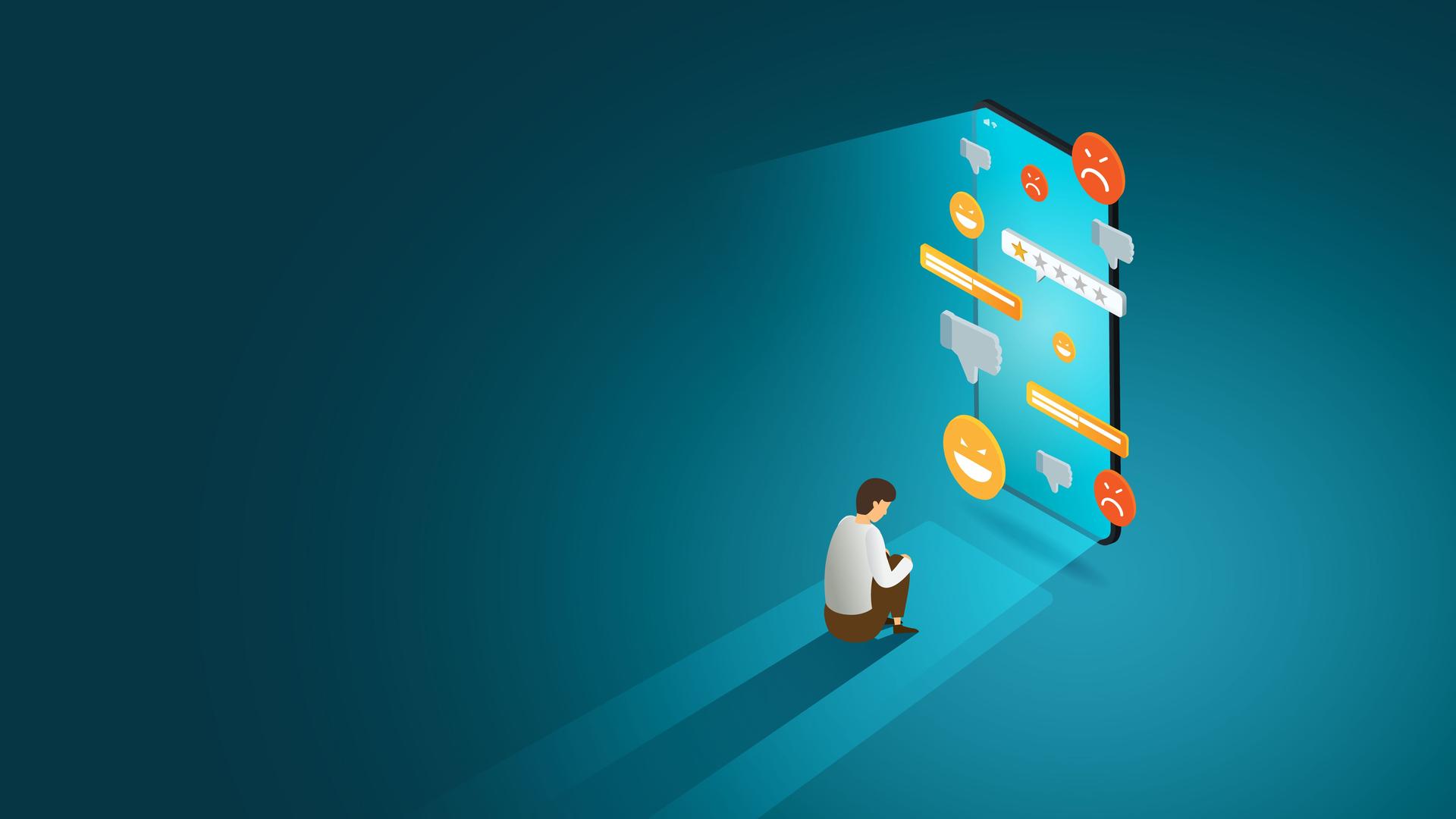 Illustration eines Teenagers, der niedergeschlagen vor einem Smartphone-Display sitzt, von dem aus Nachrichten auf ihn einströmen.