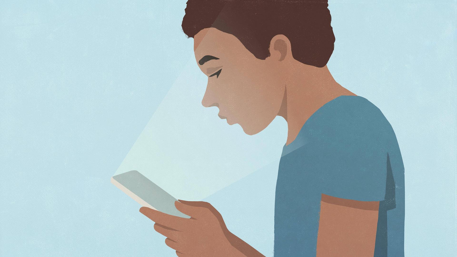 Illustration eines Jugendlichen, der ein Smartphone in den Händen hält. Das Licht des Bildschirms scheint in sein Gesicht.