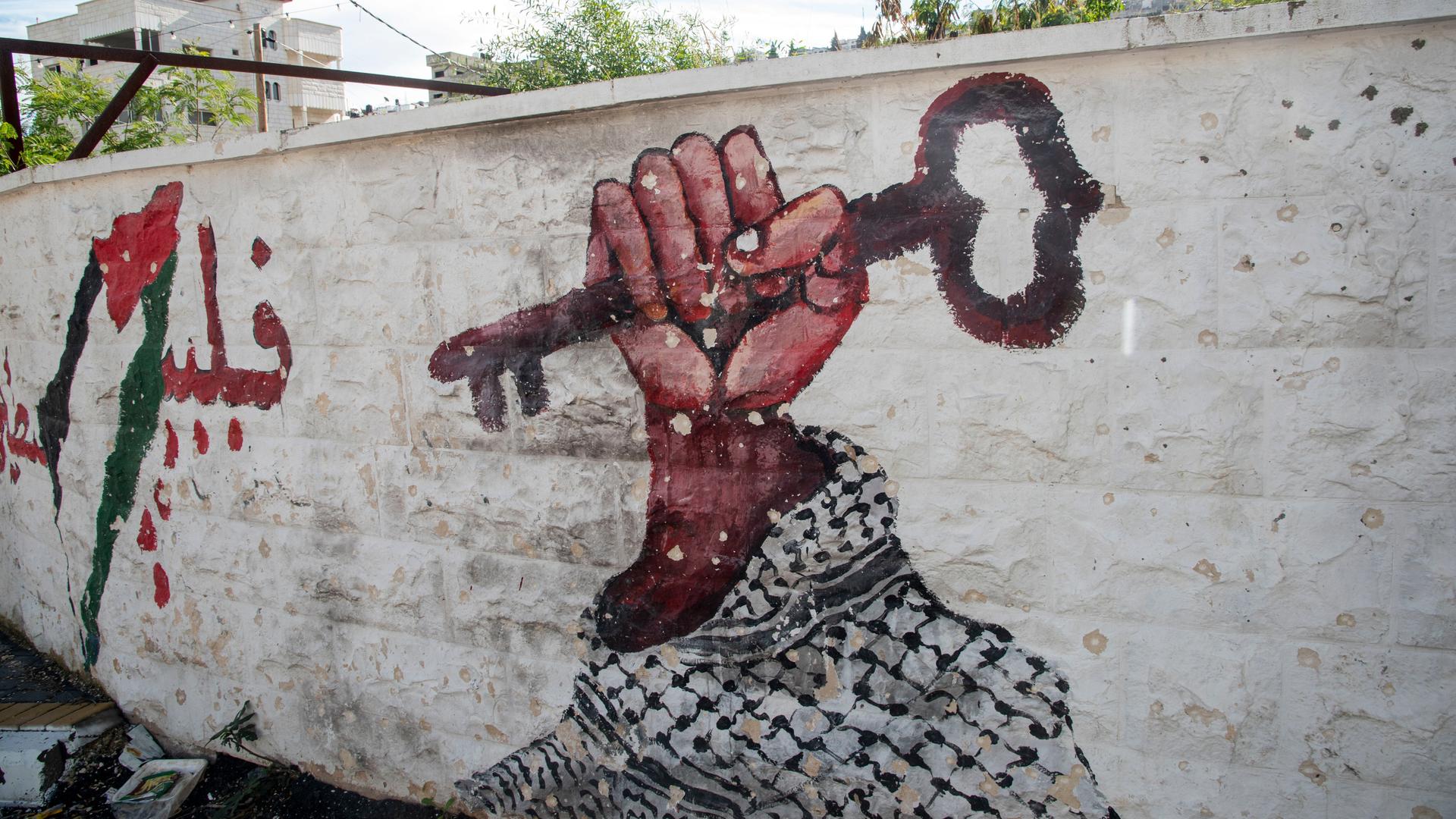 January 13, 2024, Amman, Amman, Jordan: Image of the key from the freedom for Palestine in one street of the refugee Camp of Jenin, West Bank, Palestine. (Credit Image: © Bruno Gallardo/ZUMA Press Wire