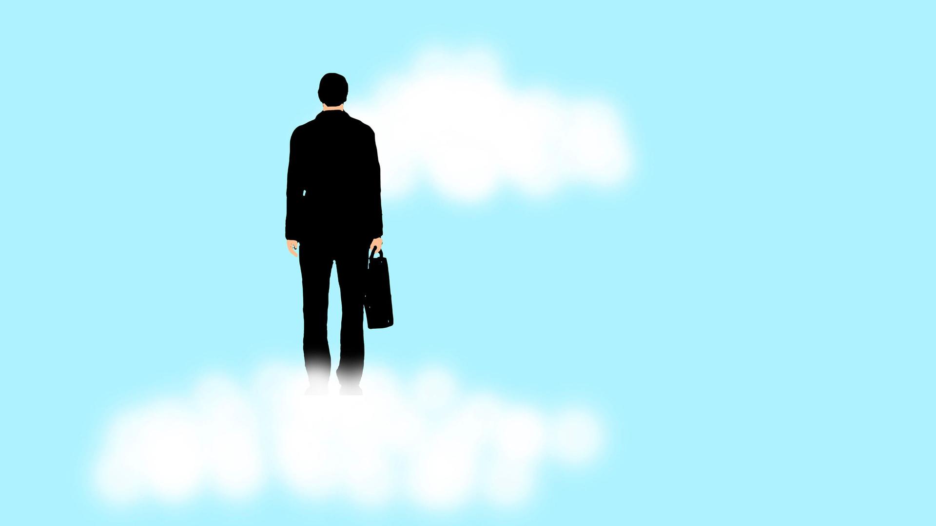 Symbolbild: Ein Geschäftsmann mit Aktentasche steht auf Wolken.