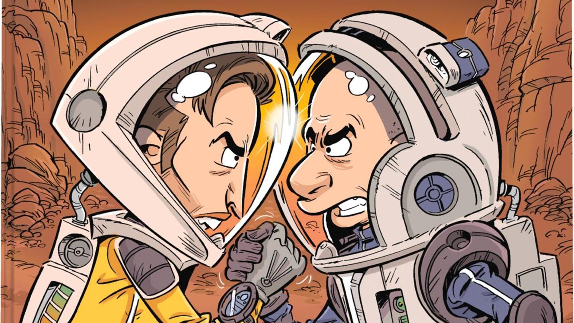 Cover des Comicbuchs "Elon & Jeff on Mars" von Marc-Uwe Kling, illustriert von Bernd Kissel. Eine Satire über Milliardäre, Mars und absurde Konflikte.