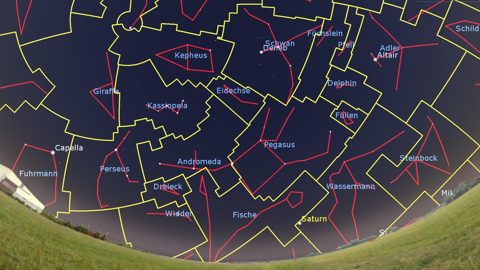 Blick an den abendlichen Osthimmel: Die Sternbild-Linien sind rot dargestellt, die Sternbildgrenzen gelb.