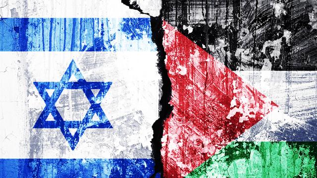 Eine Fotomontage zeigt die israelische und palästinensische Flagge nebeneinander, dazwischen klafft ein Riss.