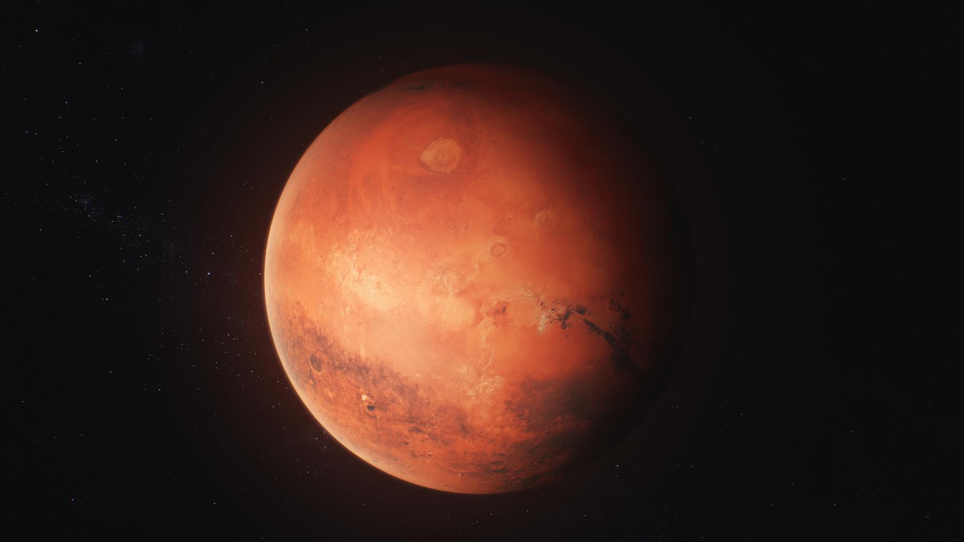 Realistische 3D-Animation des sich im dunklen Weltraum drehenden Mars. Sterne und Galaxien im Hintergrund. 