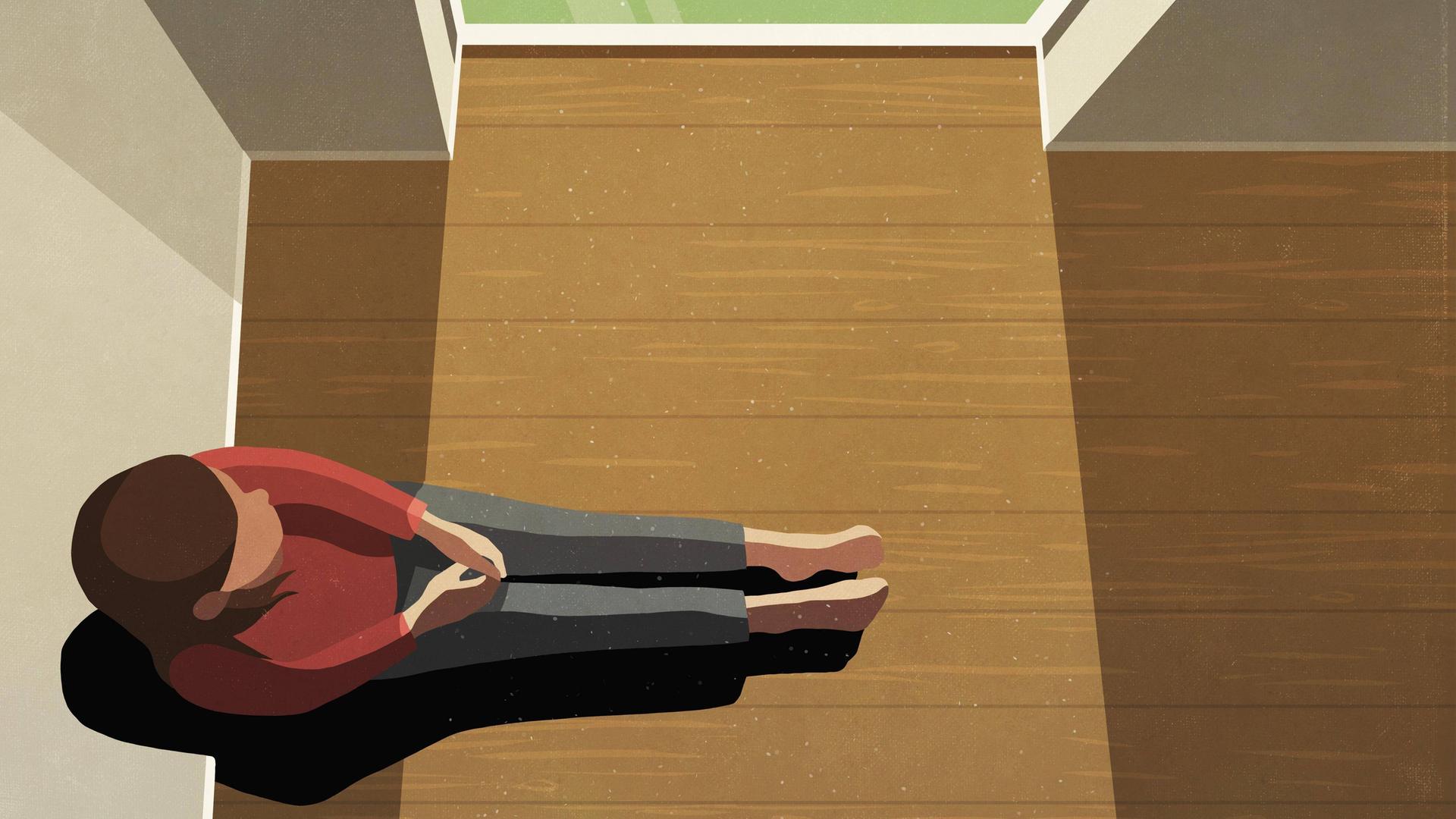 Eine Frau sitzt allein im Zimmer und schaut aus dem Fenster. (Illustration)