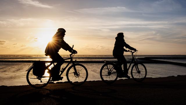 Zwei Radfahrer fahren am Deich bei Norddeich in Niedersachsen am Wattenmeer entlang