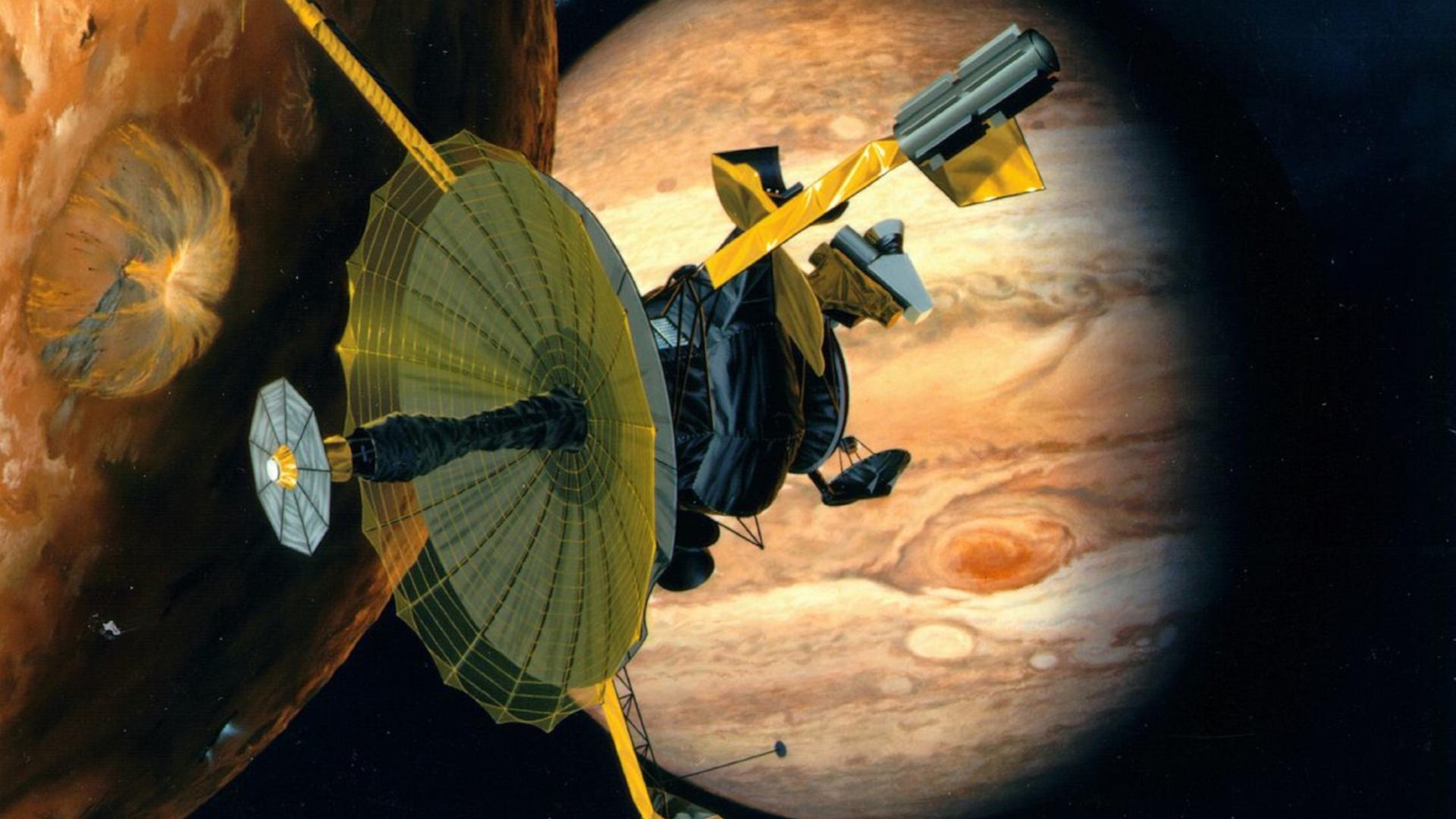 Ein Illustration zeigt die Raumsonde Galileo im Jupitersystem.
