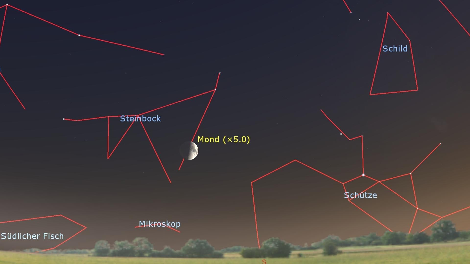 In einer schematischen Darstellung des südlichen Himmels ist der Mond inmitten verschiedener Sternbilder dargestellt.