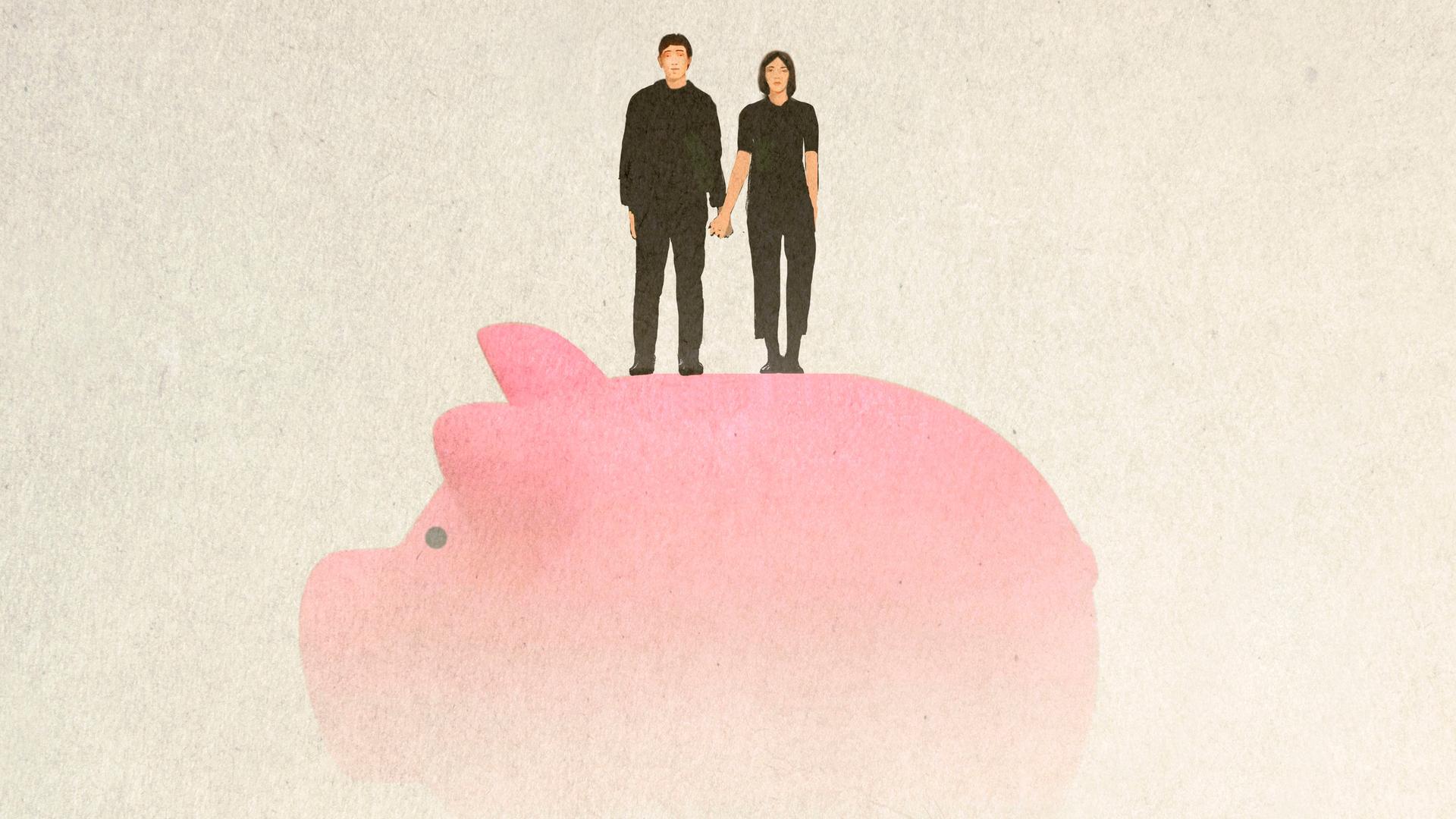 Illustration von einem Paar, das sich an der Hand hält und auf einem überdimensionierten Sparschwein in rosa steht