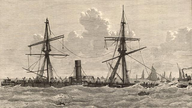 Eine Zeichnung zeigt das sinkende Dampfschiff 'Deutschland', dass während eines Sturms in der Nacht vom 6. auf den 7. Dezember 1875 auf eine Sandbank aufgelaufen ist.