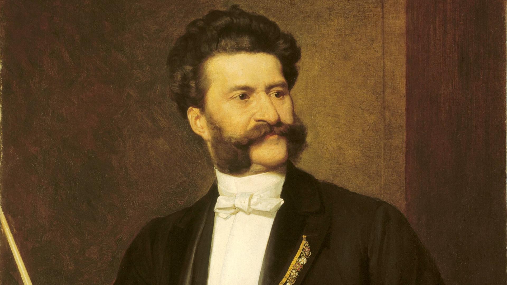 Johann Strauss mit Bart und Blick zur Seite in einem Porträt von 1888 des Malers August Eisenmenger.
