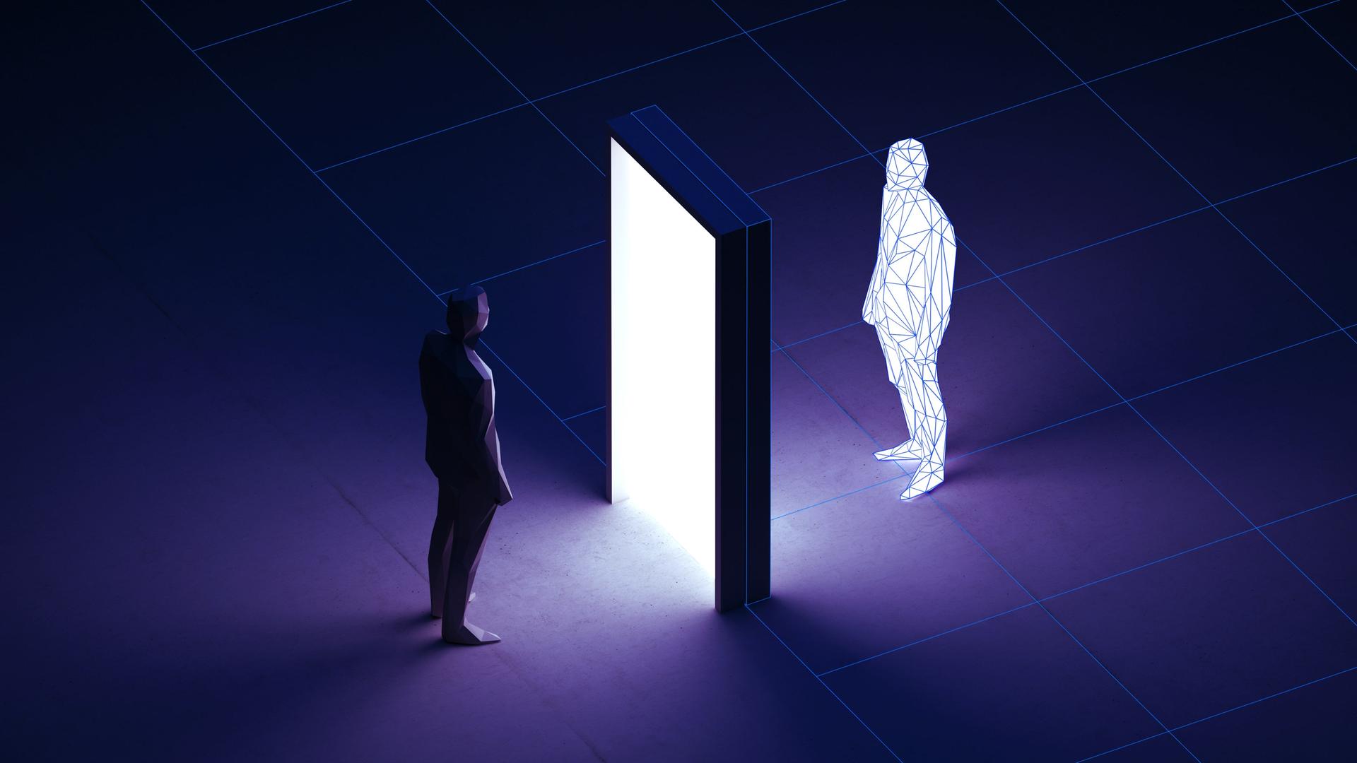 Illustration: Ein menschliche Figur steht vor einer erleuchteten Tür, auf der anderen Seite wird sie digital gespiegelt.