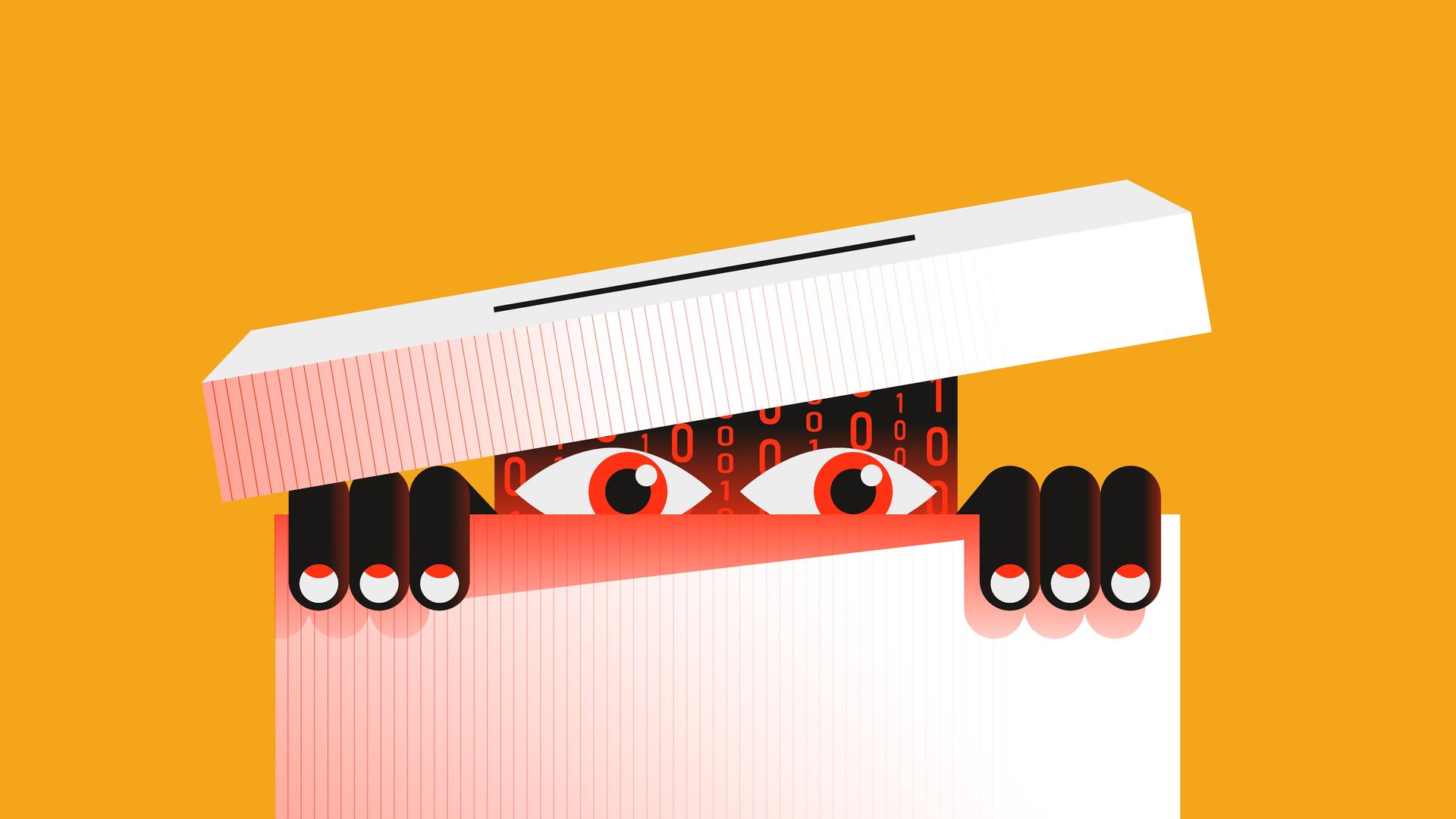 Illustration: zwei Augen einer Figur aus Einsen und Nullen schaut aus einer Wahurne. 