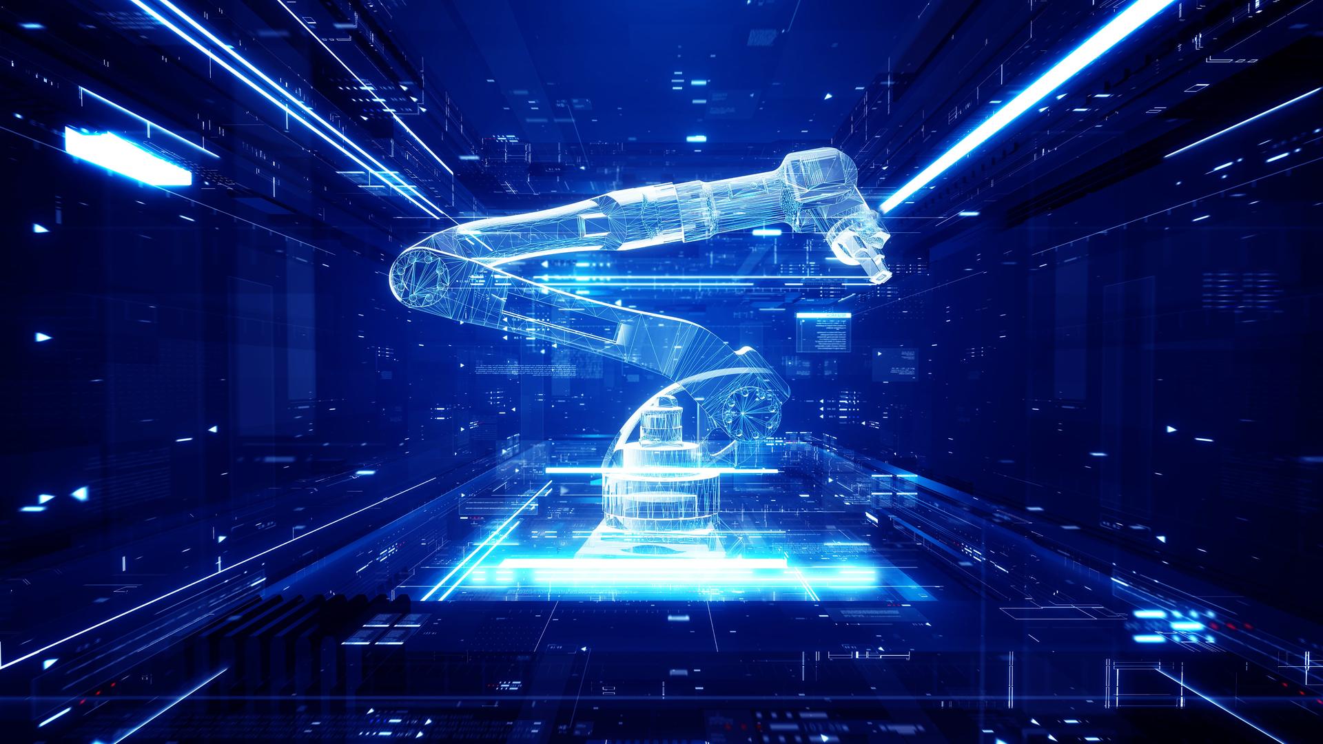 Eine digitale Illustration eines Roboterarms, wie er in vielen Industriebetrieben eingesetzt wird. Die Illustration ist in blau gehalten.