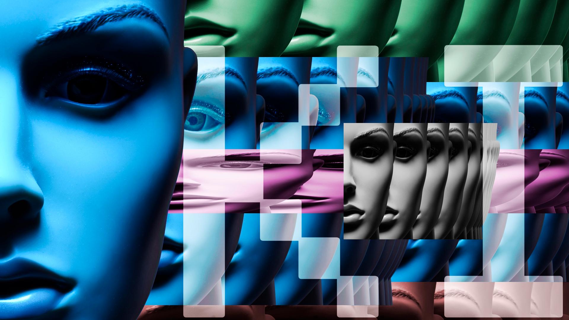 Gesicht einer Schaufensterpuppe mit Schriftzug KI, Symbolfoto Künstliche Intelligenz (Fotomontage)