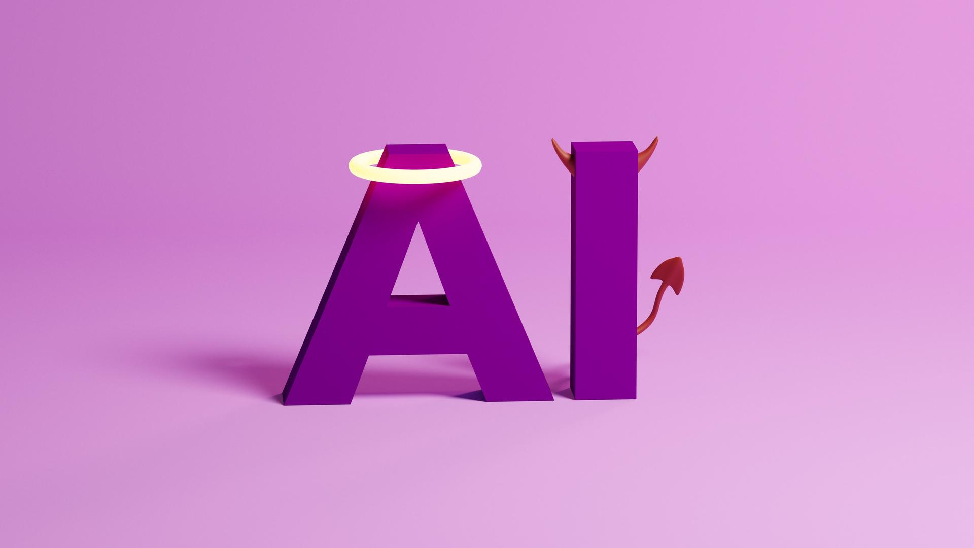 Illustration der Buchstaben AI in Lila: das A mit einem leuchtenden Engelsschein und das I mit Teufelshörnern und -schwanz.