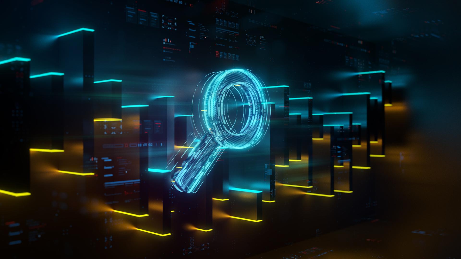 Digital gerendertes Bild einer blau glühenden Lupe.