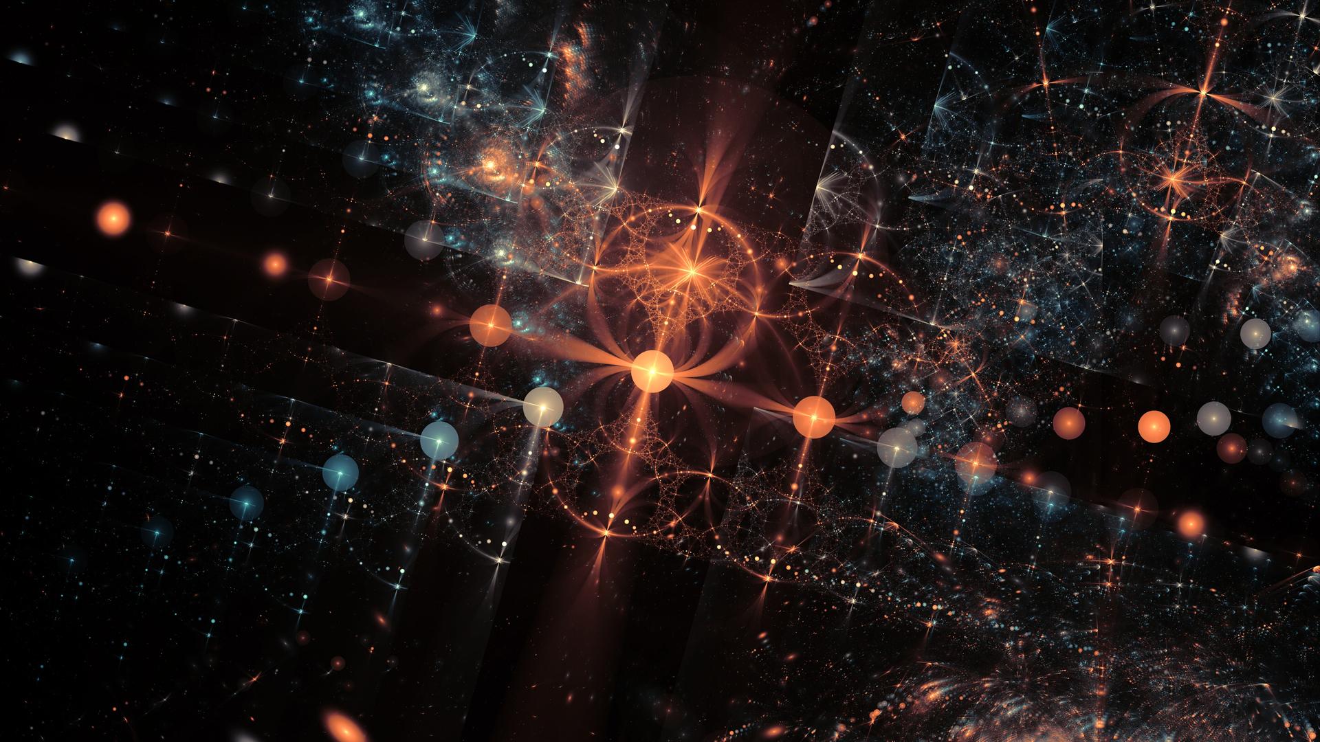 Illustration des Weltall in der Muster im All erkennbar gemacht werden. Der Hintergrund ist schwarz und es sind unterschiedlichste Sterne und Planeten zu erkennen. Außerdem geometrische Fromen.