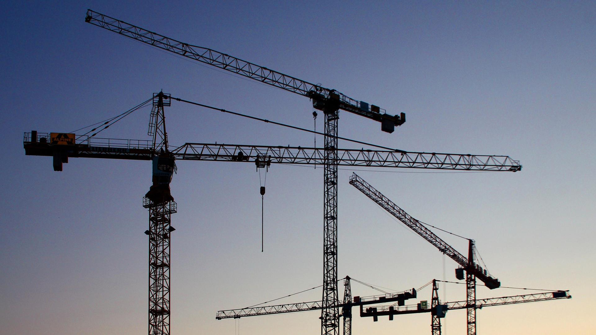 Mehrer Kräne ragen in den Himmel.