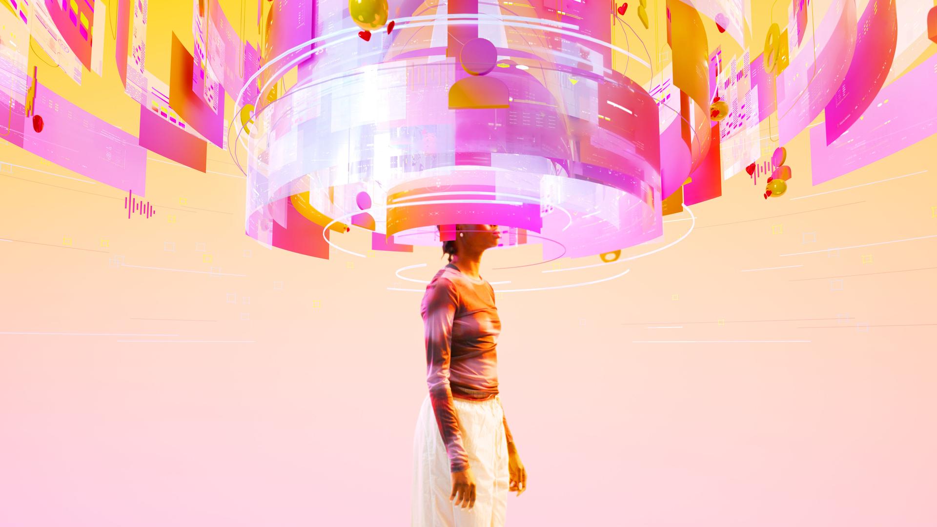 Bild einer Frau, deren Kopf in einem bunten Strudel aus Bildschirmen und Datenanzeigen verschwindet.