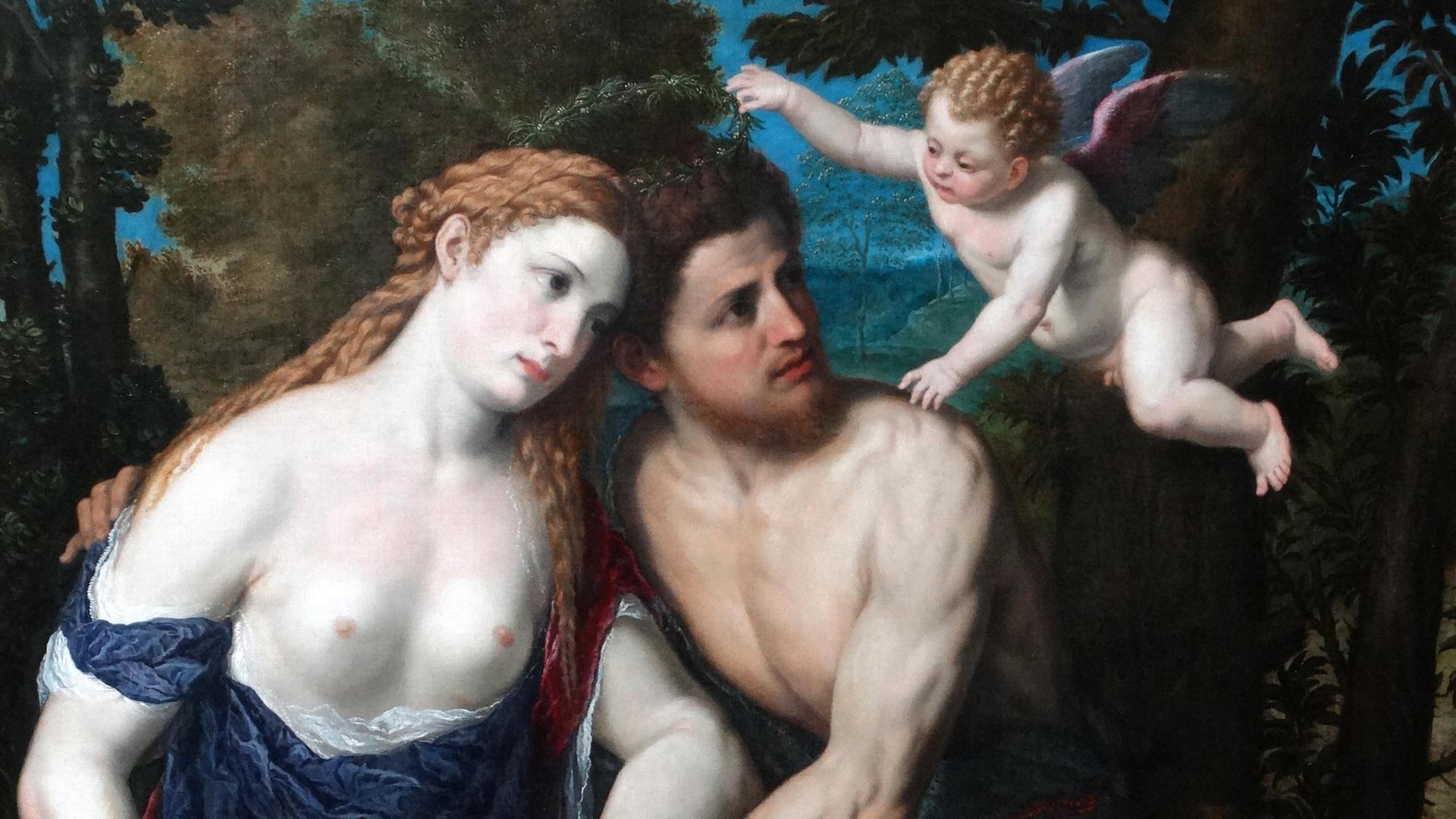 Das Kunstwerk "A Pair of Lovers" des Malers Paris Bordone zeigt ein halb entbößtes Liebespaar mit Engelskind