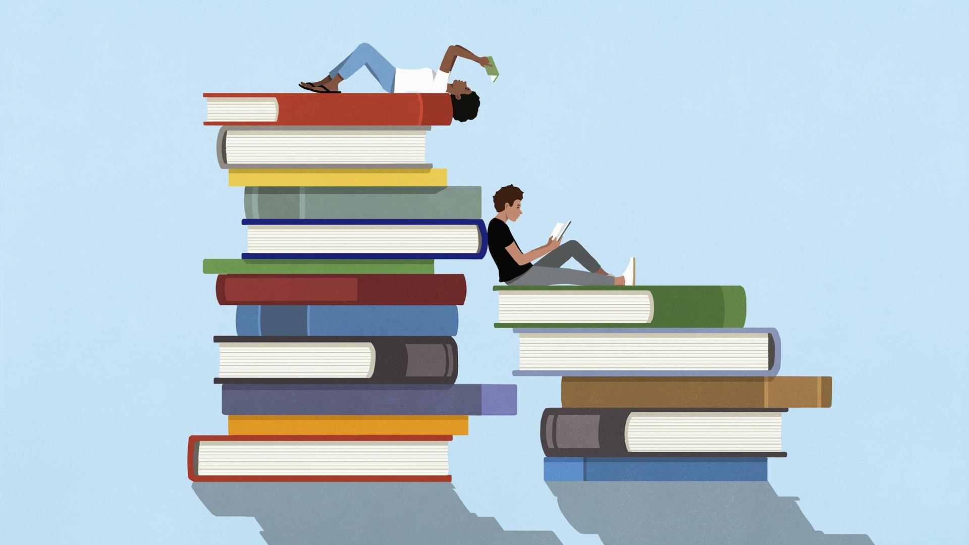 Illustration: Junger Mann und junge Frau lesen auf großen Bücherstapeln 