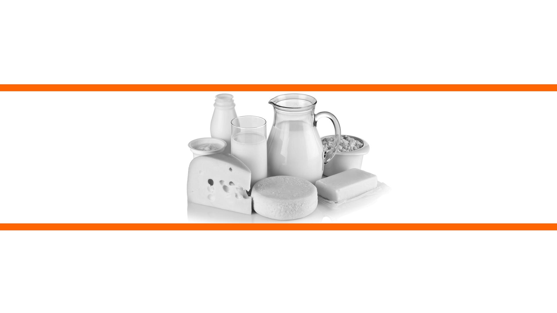Schwarz-weißes Bild verschiedener Milchprodukte vor weißem Hintergrund im mittleren Drittel des Bildes. Die beiden weißen Bilddrittel oben und unten sind mit orangenen Streifen abgetrennt.