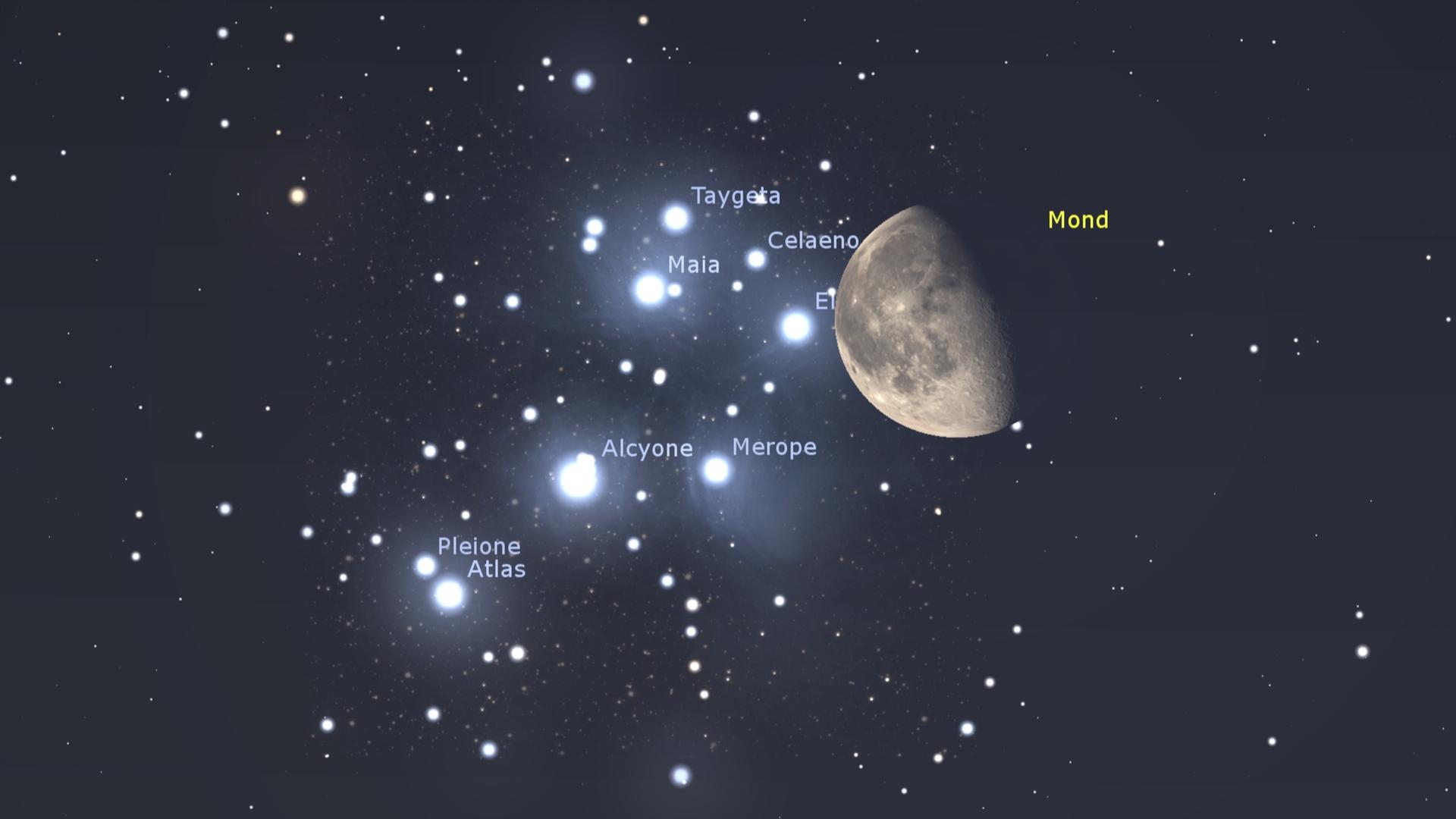 Das Bild zeigt den Mond neben mehreren Sternen.