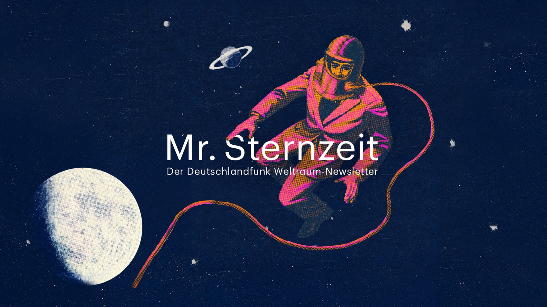 Vor einem tiefblauen Sternenhimmel schwebt ein stilisierter Astronaut im Weltraum. Das Bild erinnert an eine Retro-Illustration erinnern. Der Astronaut ist mit einem Sicherheitsseil verbunden, das sich in einer geschwungenen Linie durch das Bild zieht.