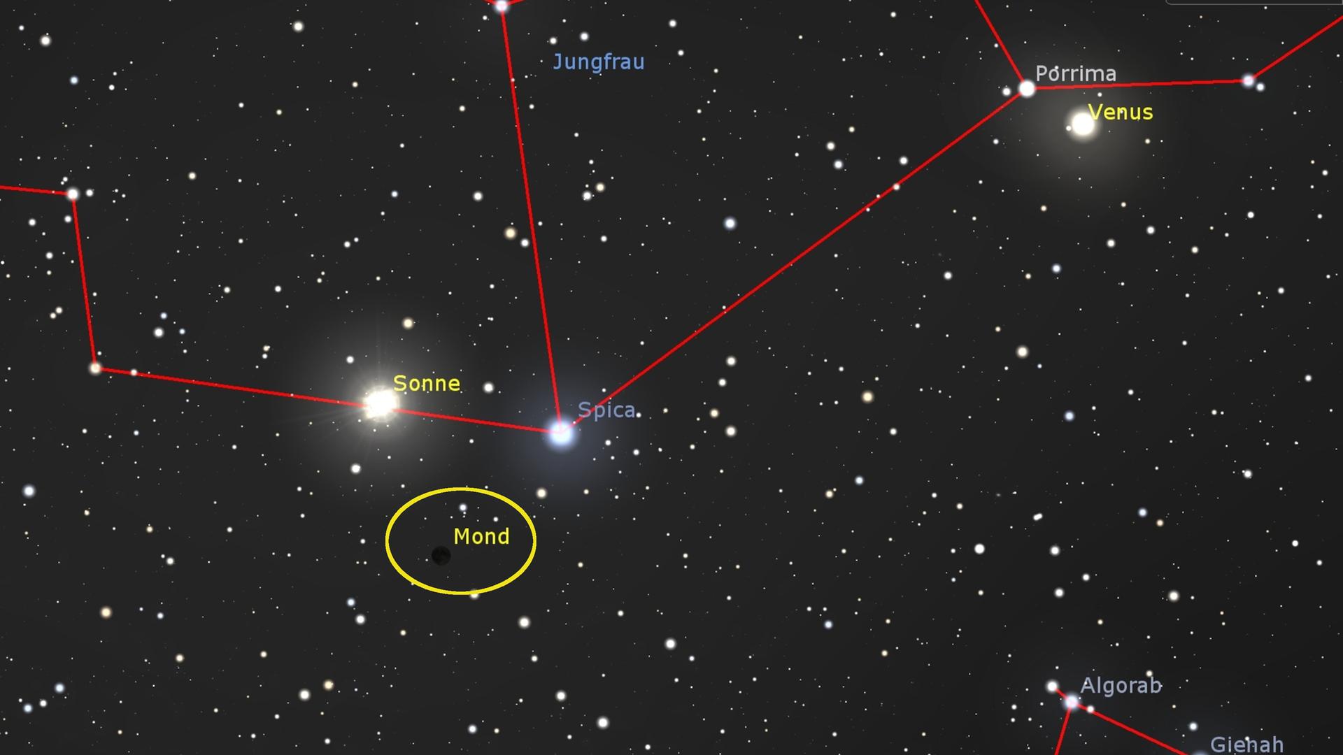 Ein Nachthimmel voller Sterne. Grafische Linien verdeutlichen, wo sich Mond, Sonne und das Sternbild der Jungfrau befinden.