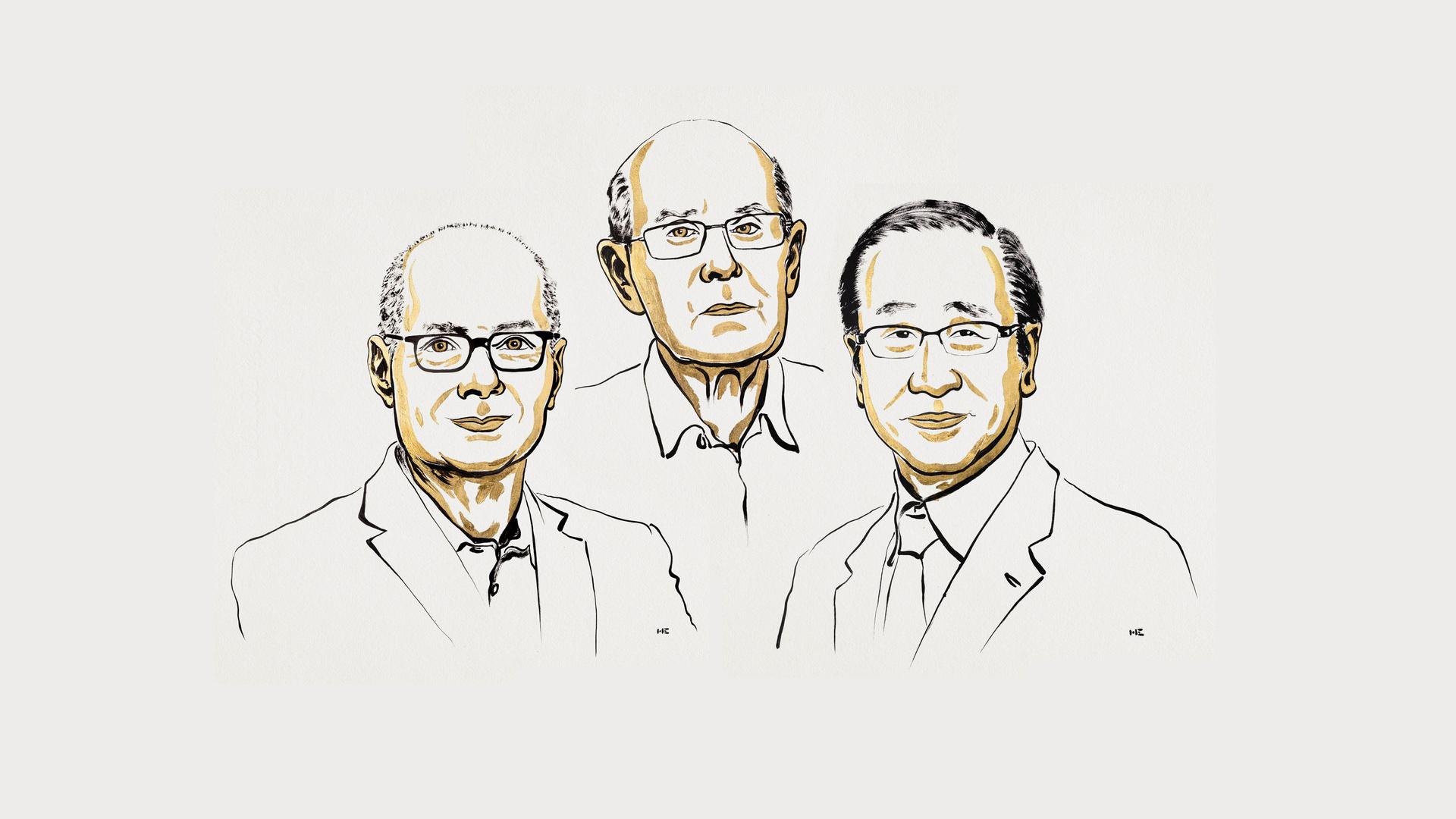 Illustration der drei Nobelpreisträger für Chemie 2025: Omar M. Yaghi, Richard Robson und Susumu Kitagawa
