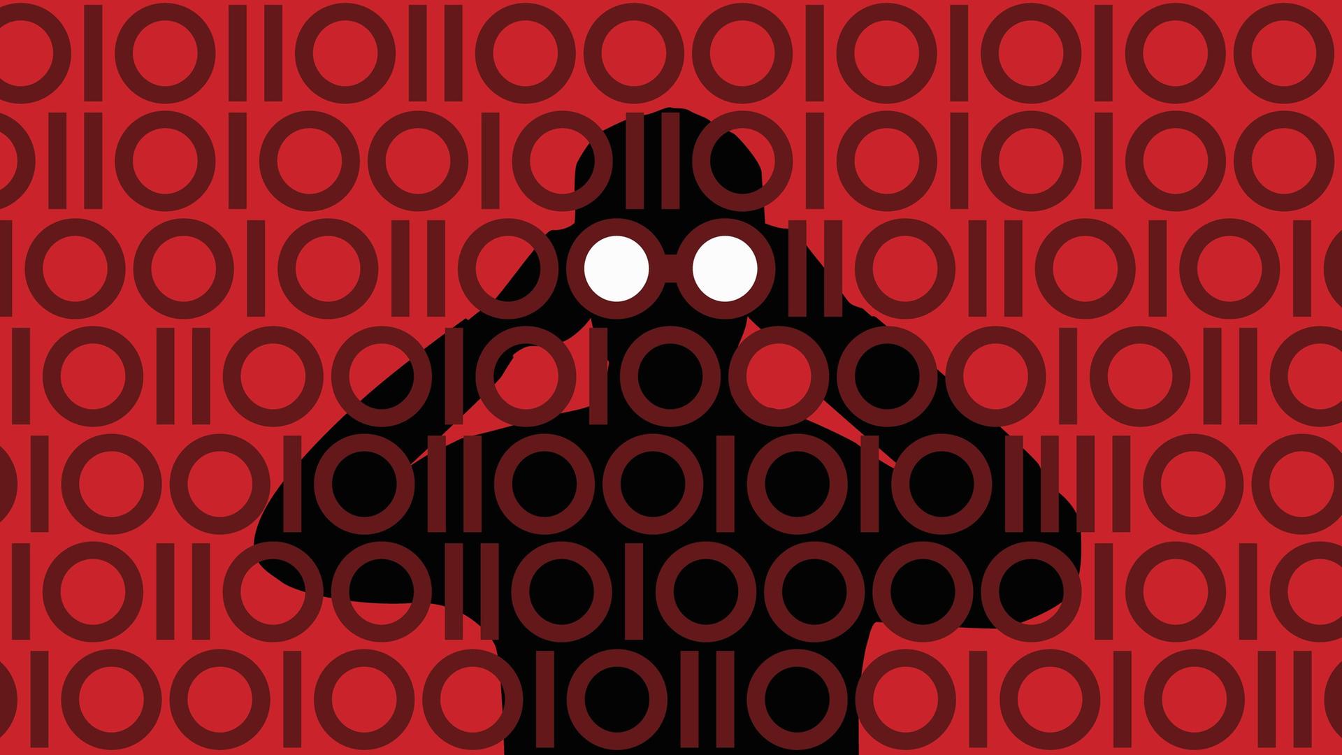 Ein Mann mit Fernglas schaut durch ein binäres Muster von Nullen und Einsen.