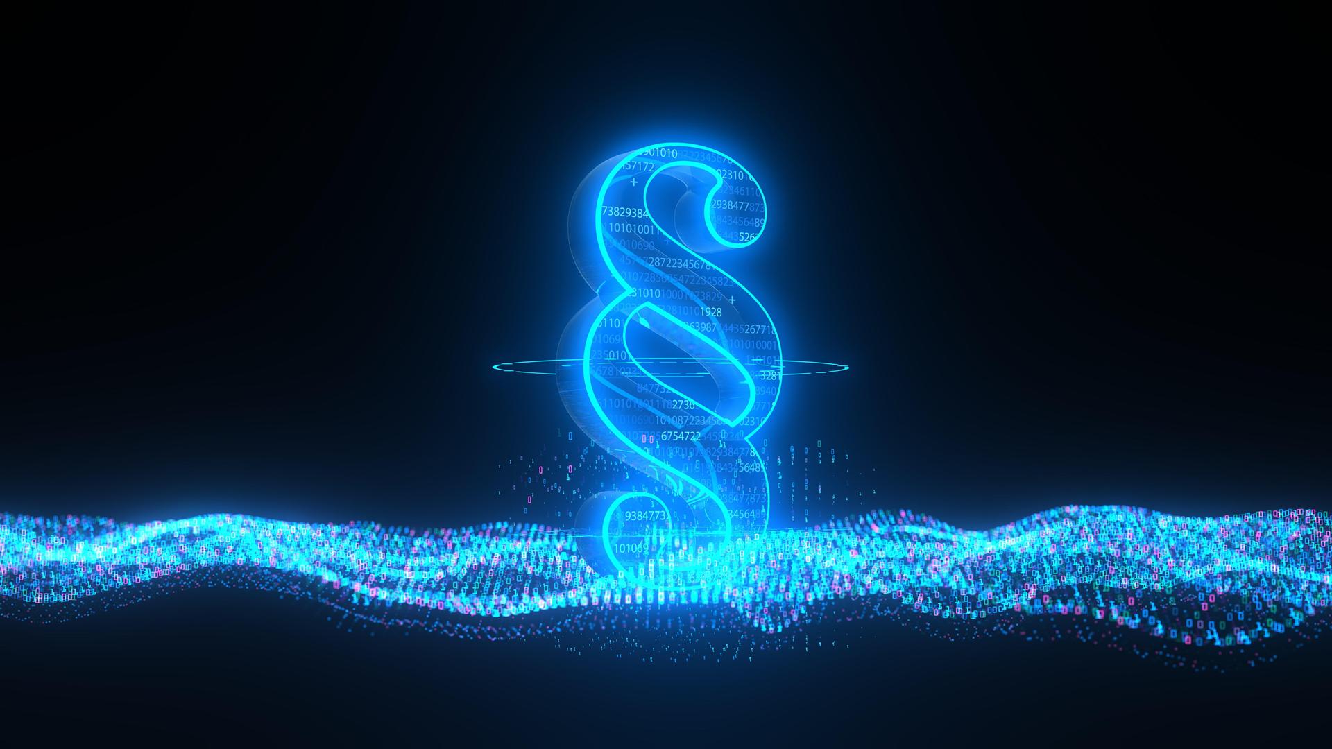 In einer 3-D-Illustration ist ein großer, blau-leuchtender Paragraf abgebildet.