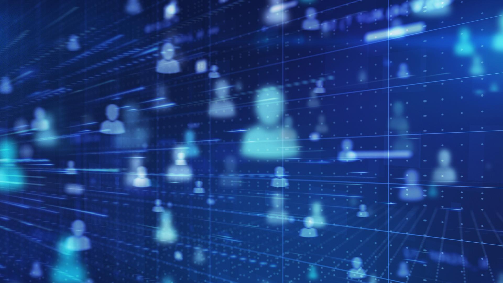 Eine Grafik zeigt Personenicons die in einem Datenstrom verbunden sind und im digitalen Raum verteilt schweben.