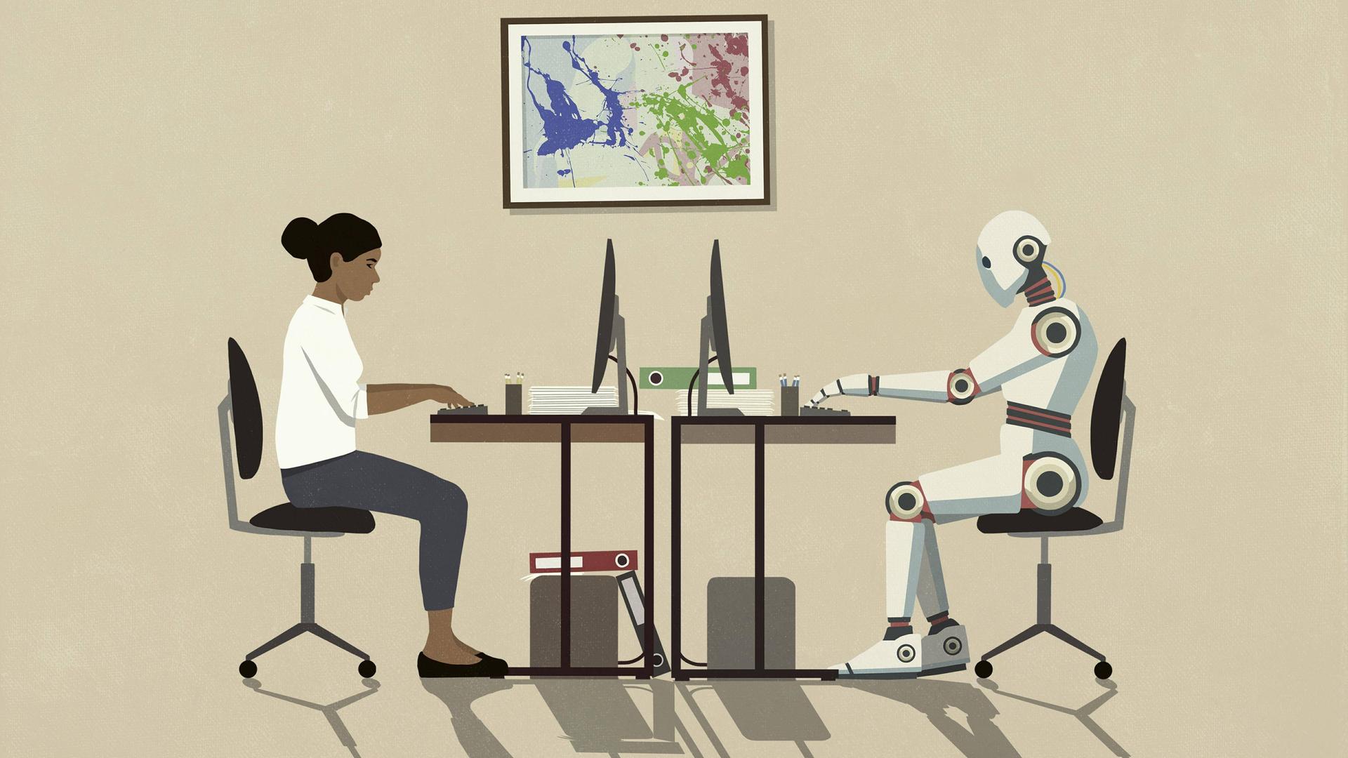 Eine Illustration im minimalistischen Stil zeigt eine Frau und einen Roboter, die an einem gemeinsamen Schreibtisch an ihren Computern arbeiten