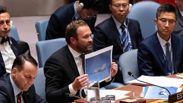 Der Außenminister Estlands, Margus Tsahkna, zeigt ein Foto eines russischen Kampfjets während der Beratung des UN-Sicherheitsrates.