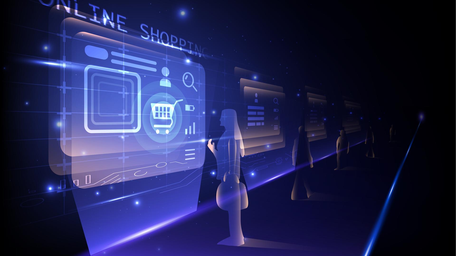 Eine futuristisch-digital amutende Grafik zeigt eine Frauenfigur vor einem Shopping Portal.
