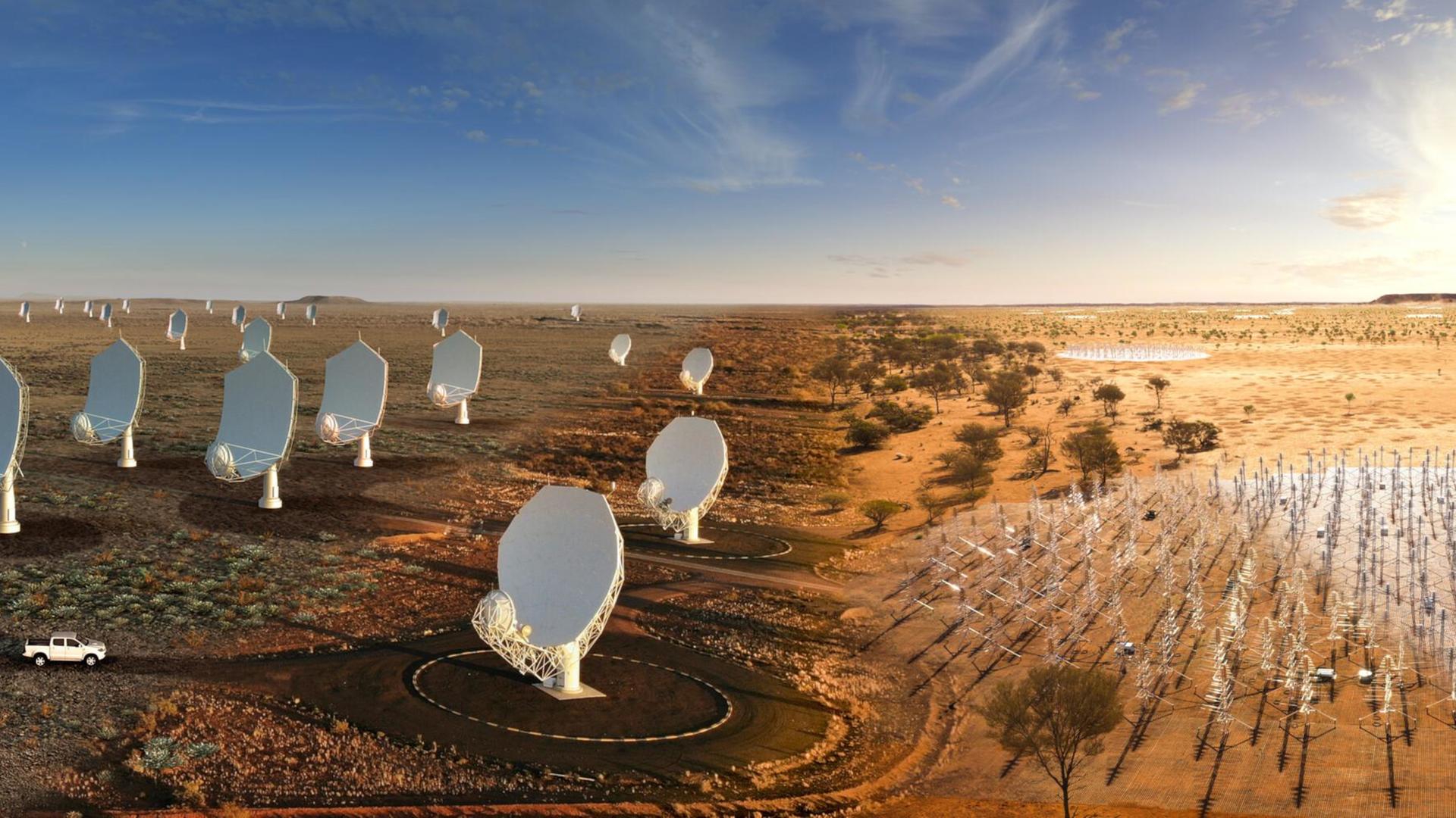 Eine Illustration zeigt die vielen Teleskope und Antennen der riesigen Teleskopanlage SKA wird in Südafrika und Australien.